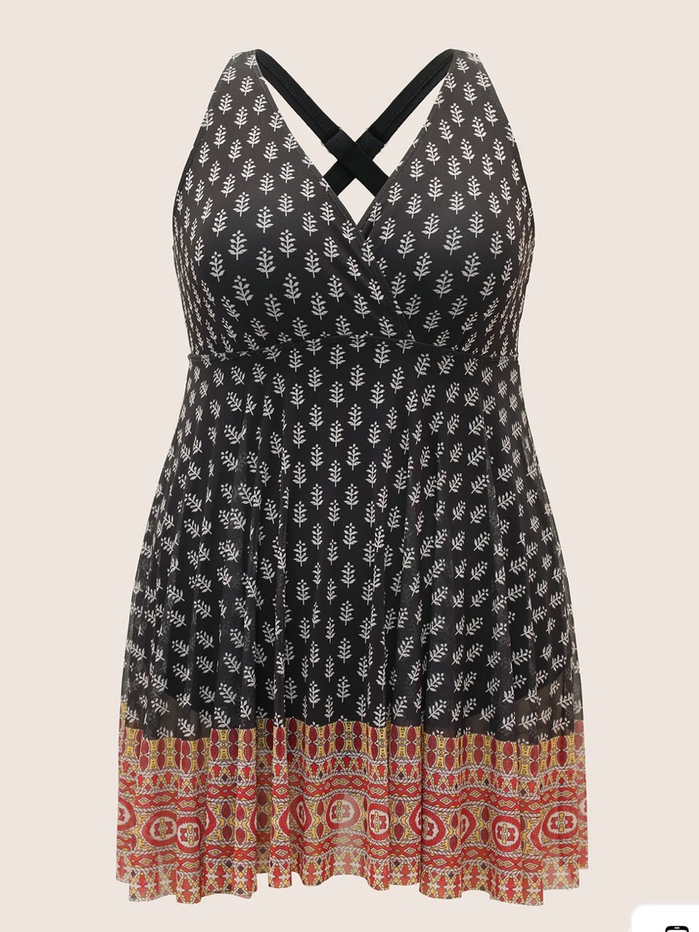 BloomChic Black Swim One-Piece with loop Red Patterned Hem
